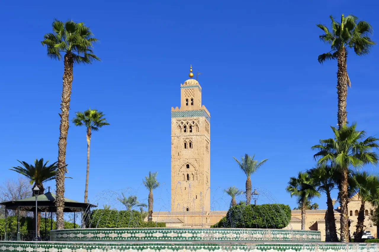 The Koutoubia minaret framed by palms in Marrakech