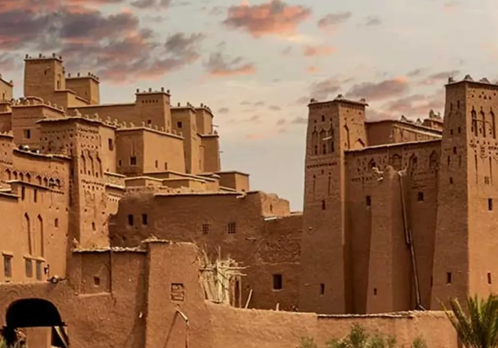 Earthen towers of the ksar of Aït Ben Haddou in evening light