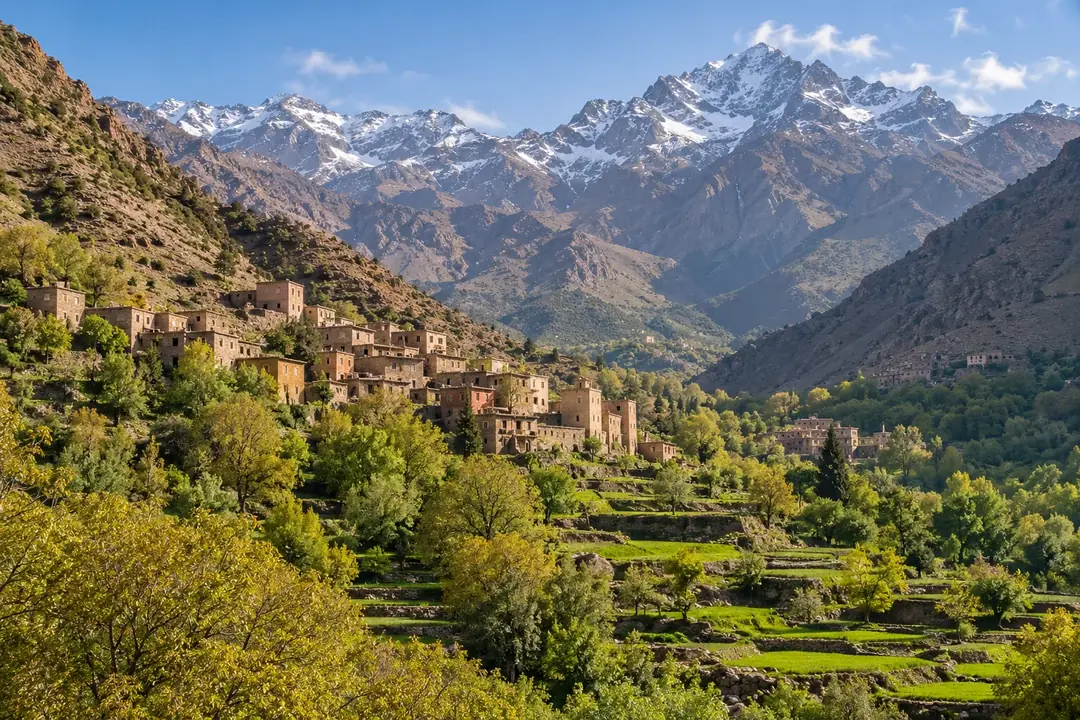 Terraced Amazigh villages beneath the High Atlas peaks near Imlil
