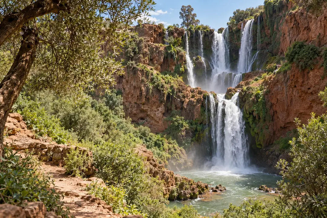 Ouzoud Waterfalls cascading over red cliffs framed by olive trees